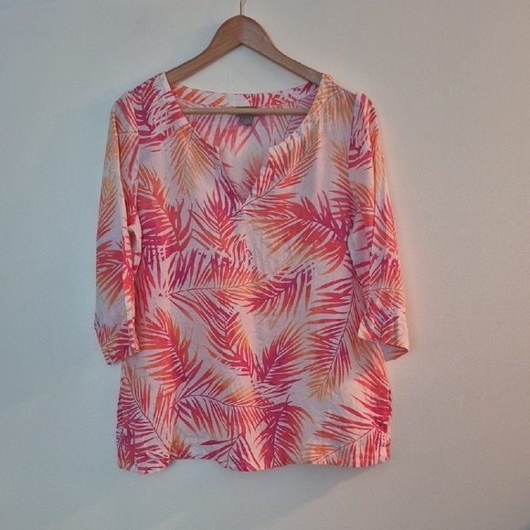 J Jill 100% Linen Topical Palm Leaf Print Popover Notch Neckline Side Slits - Picture 1 of 5